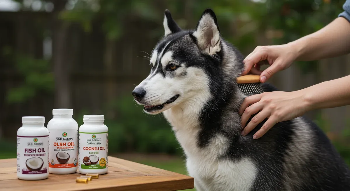 Close-up of a Siberian Husky's shiny, healthy coat being brushed, with fish oil and coconut oil supplements visible nearby