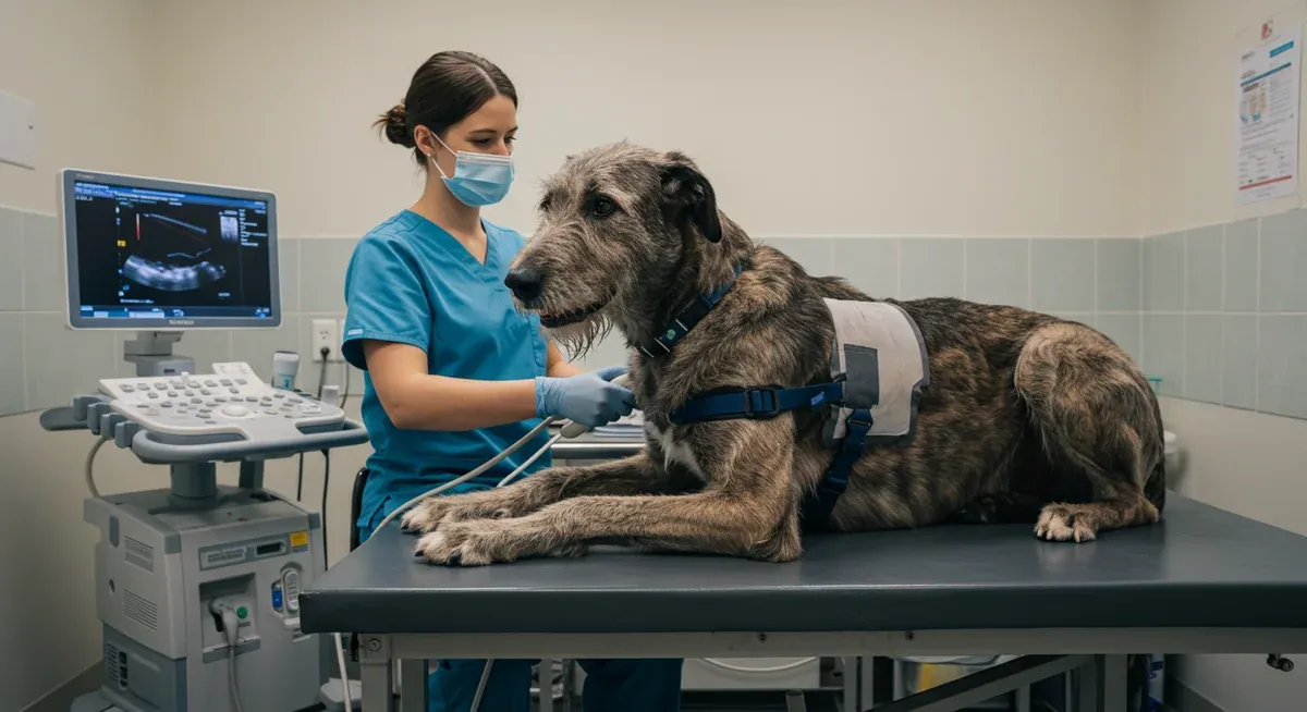 Irish Wolfhound receiving cardiac screening with echocardiogram equipment at a veterinary clinic, demonstrating the annual heart health monitoring recommended for the breed after age 2