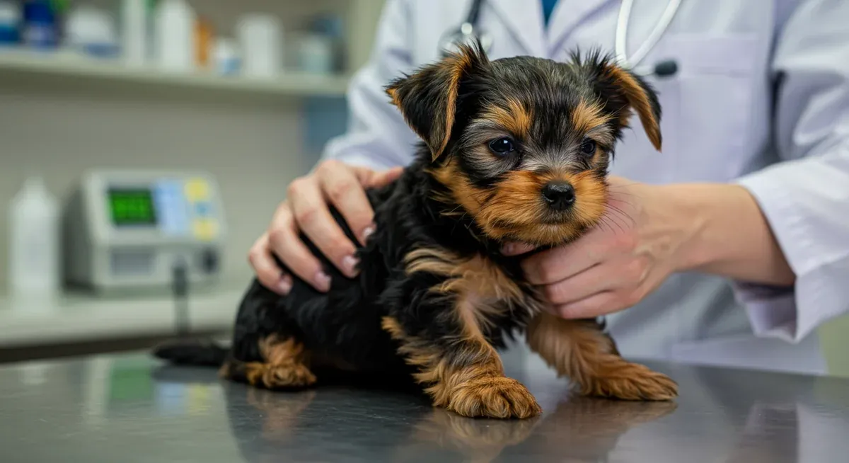 Yorkshire Terrier puppy being examined by a veterinarian for hypoglycemia symptoms, showing the serious medical concern that can cause shaking in this breed