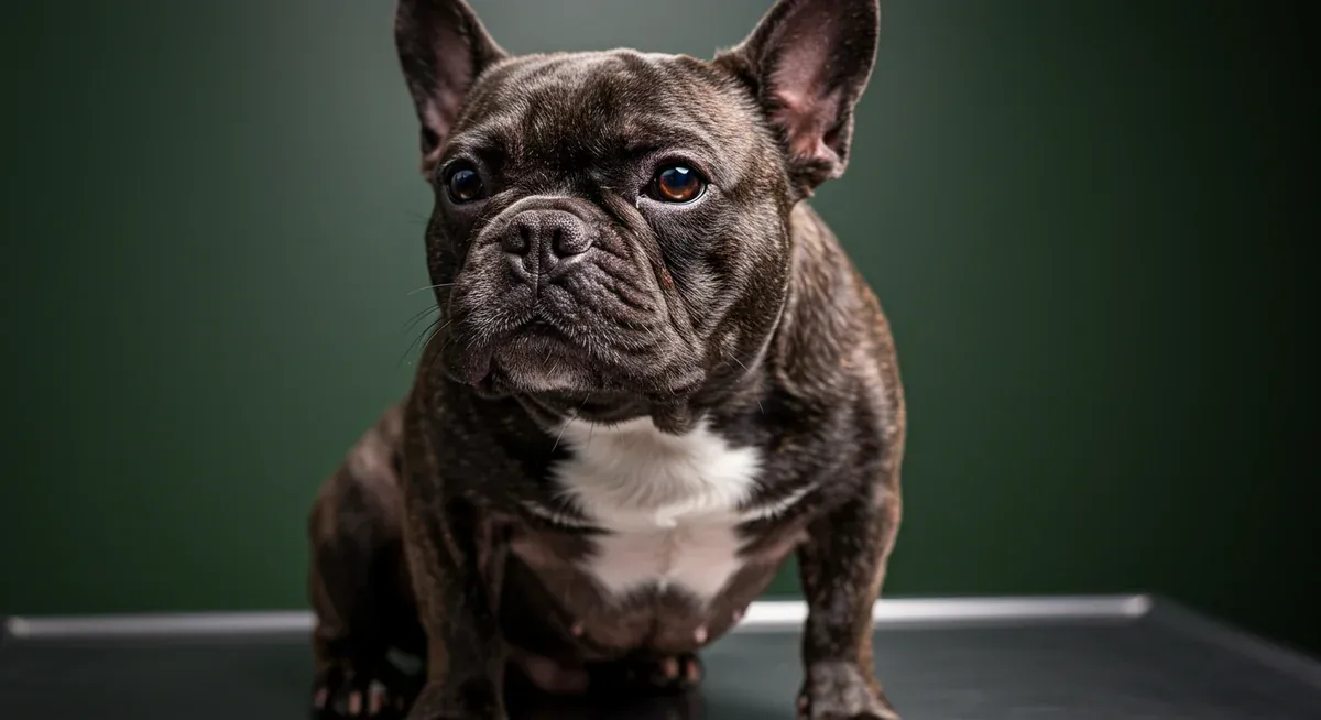 French Bulldog showing signs of food allergies with skin irritation and redness around face and ears during veterinary examination