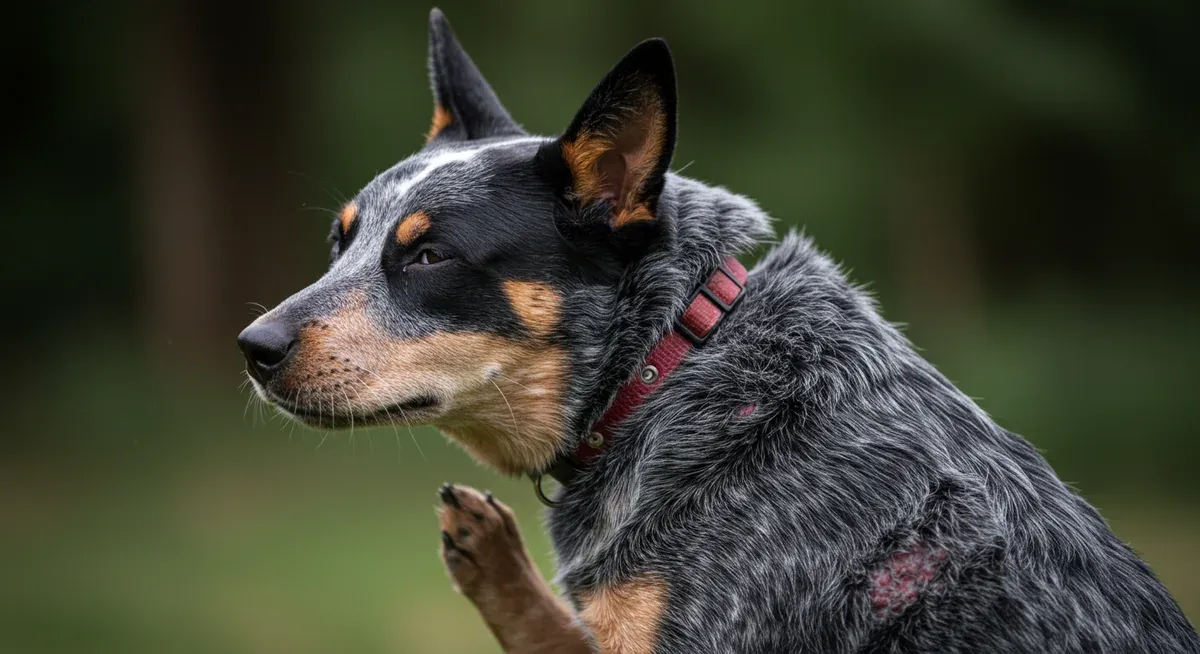 Blue Heeler dog scratching due to food sensitivity-related skin irritation, demonstrating the allergic reactions that can occur from improper diet