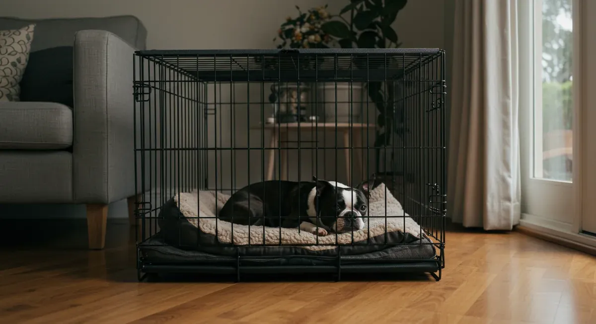 Boston Terrier resting comfortably in properly sized crate with bedding, showing effective crate training implementation for house training success