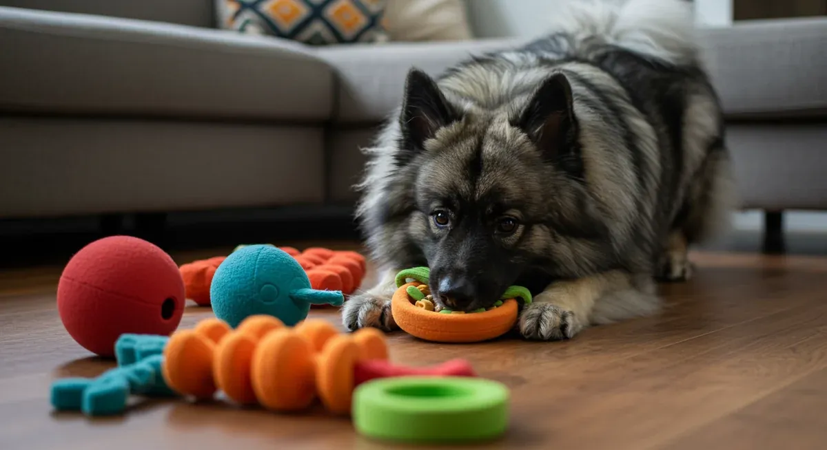 A Keeshond dog working on puzzle toys and mental stimulation activities, illustrating the breed's high intelligence and need for mental challenges