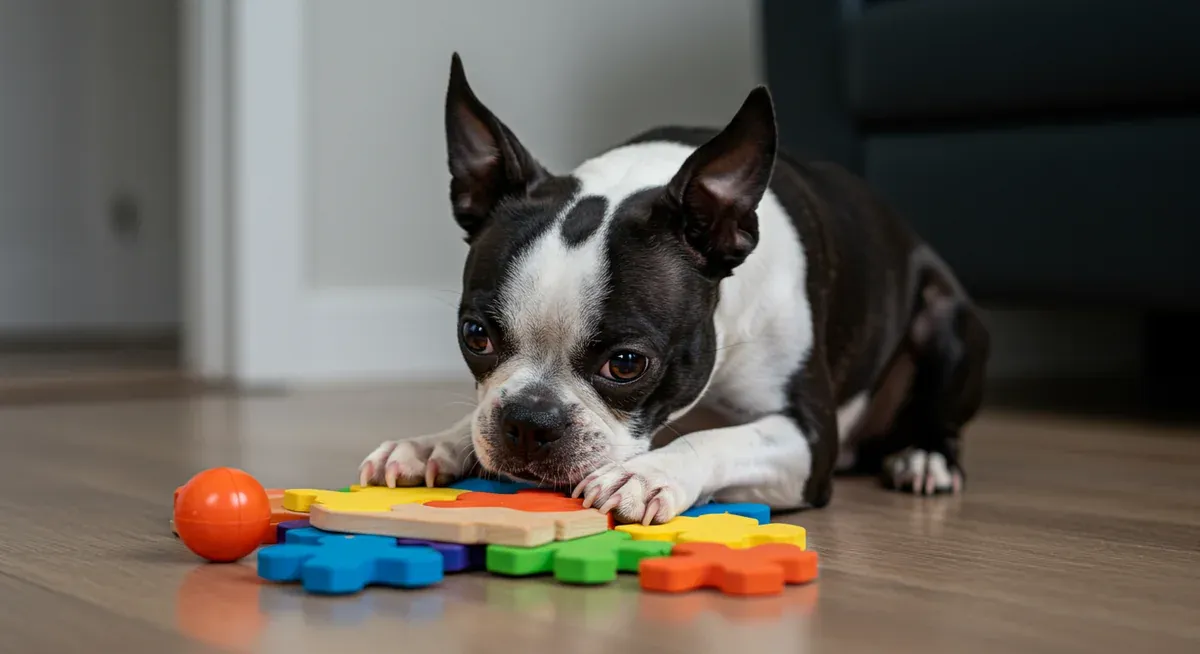 Boston Terrier solving a puzzle toy, demonstrating the mental stimulation and problem-solving activities that benefit this intelligent breed