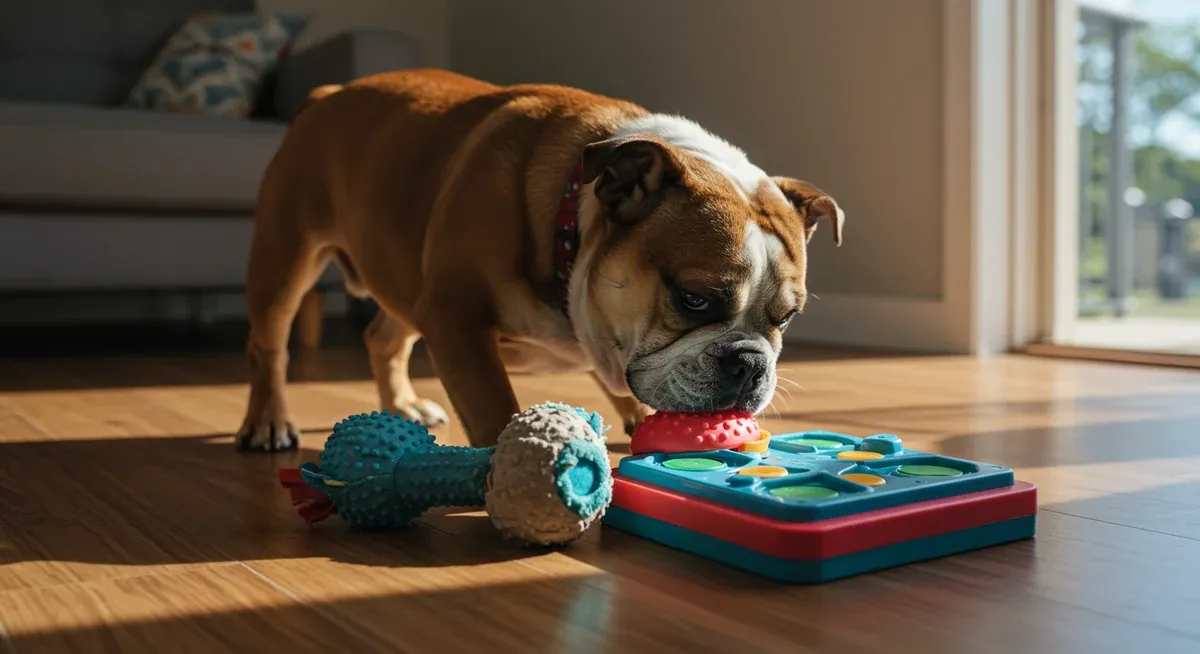 English Bulldog playing with interactive puzzle toys and treat-dispensing toys, demonstrating mental stimulation activities for the breed