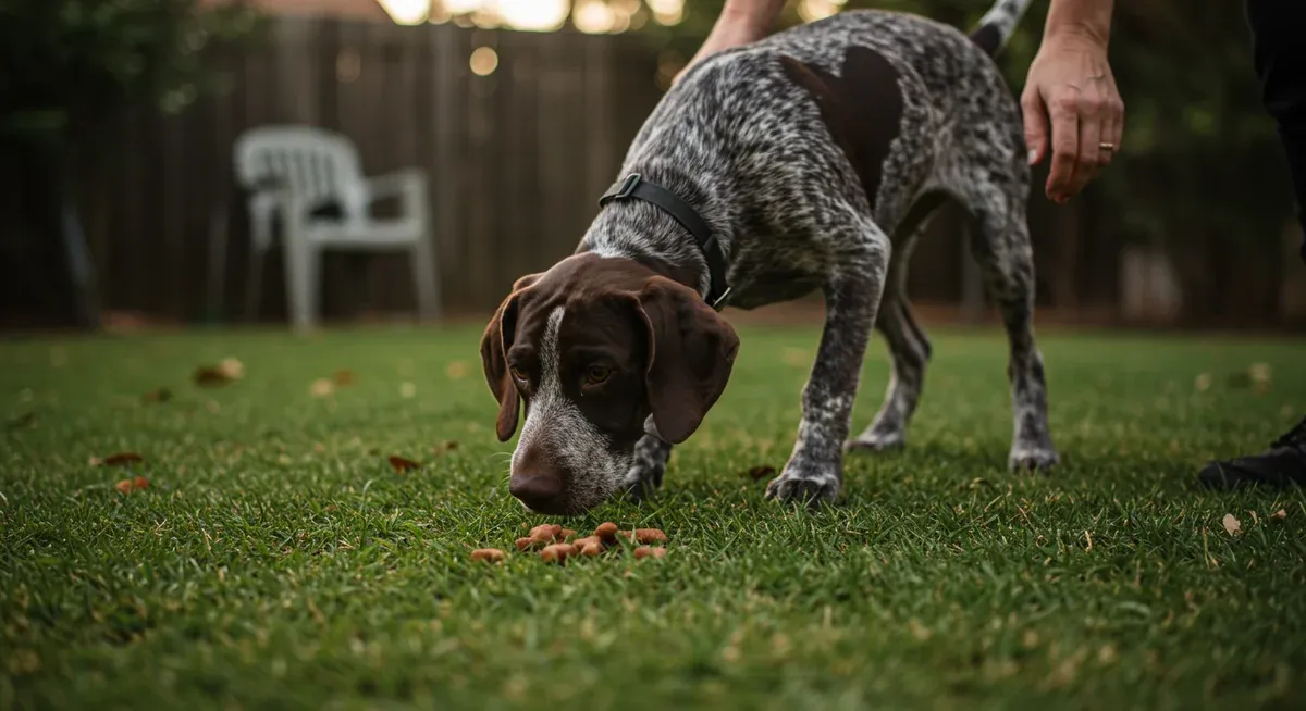 German Shorthaired Pointer puppy using natural scenting abilities during 'hunt dead' training exercise, demonstrating breed-specific hunting instinct development