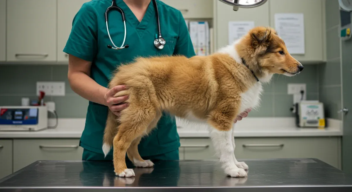 Veterinarian examining a Collie puppy's hip joint during a routine health check, demonstrating early detection methods for joint conditions like hip dysplasia