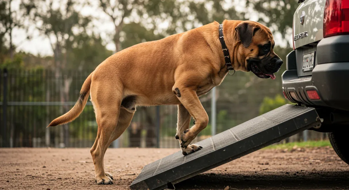 A Bullmastiff carefully navigating down from an elevated surface, demonstrating the joint mobility challenges and cautious movement patterns common in the breed due to their substantial size