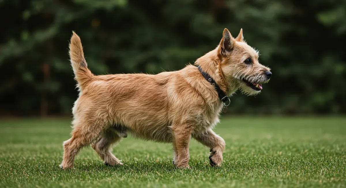 Side view of a Cairn Terrier walking with a characteristic skipping gait, demonstrating the mobility issues associated with patellar luxation