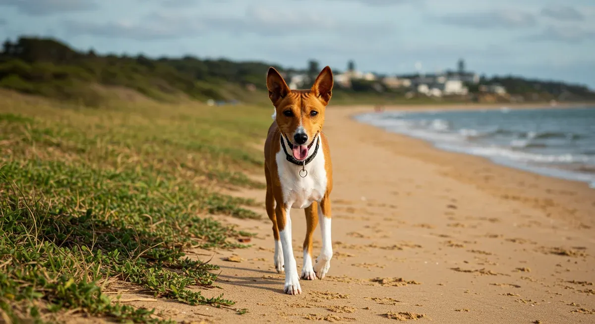 A Basenji dog walking with healthy gait and mobility, representing the importance of monitoring joint health and maintaining active lifestyles to prevent hip dysplasia and other mobility issues