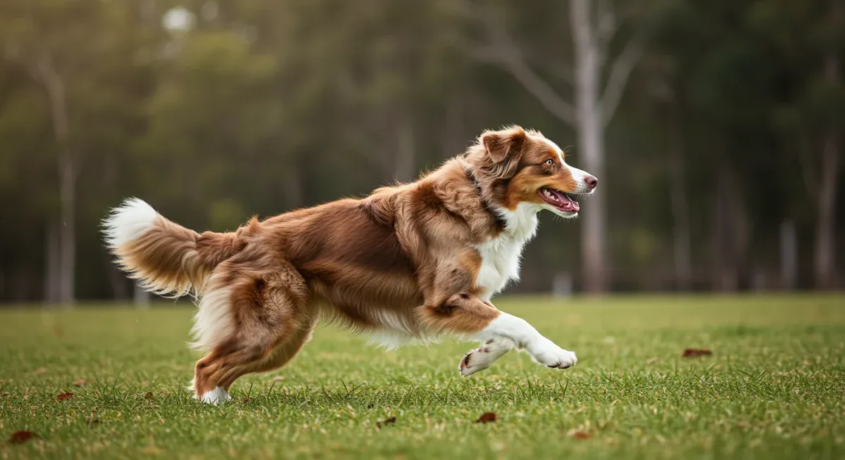 Australian Shepherd running with healthy joint movement, demonstrating the importance of proper nutrition for joint health and mobility