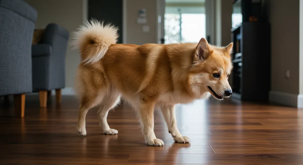 An American Eskimo dog demonstrating joint mobility issues with characteristic bunny-hopping gait and hesitant movement on indoor flooring