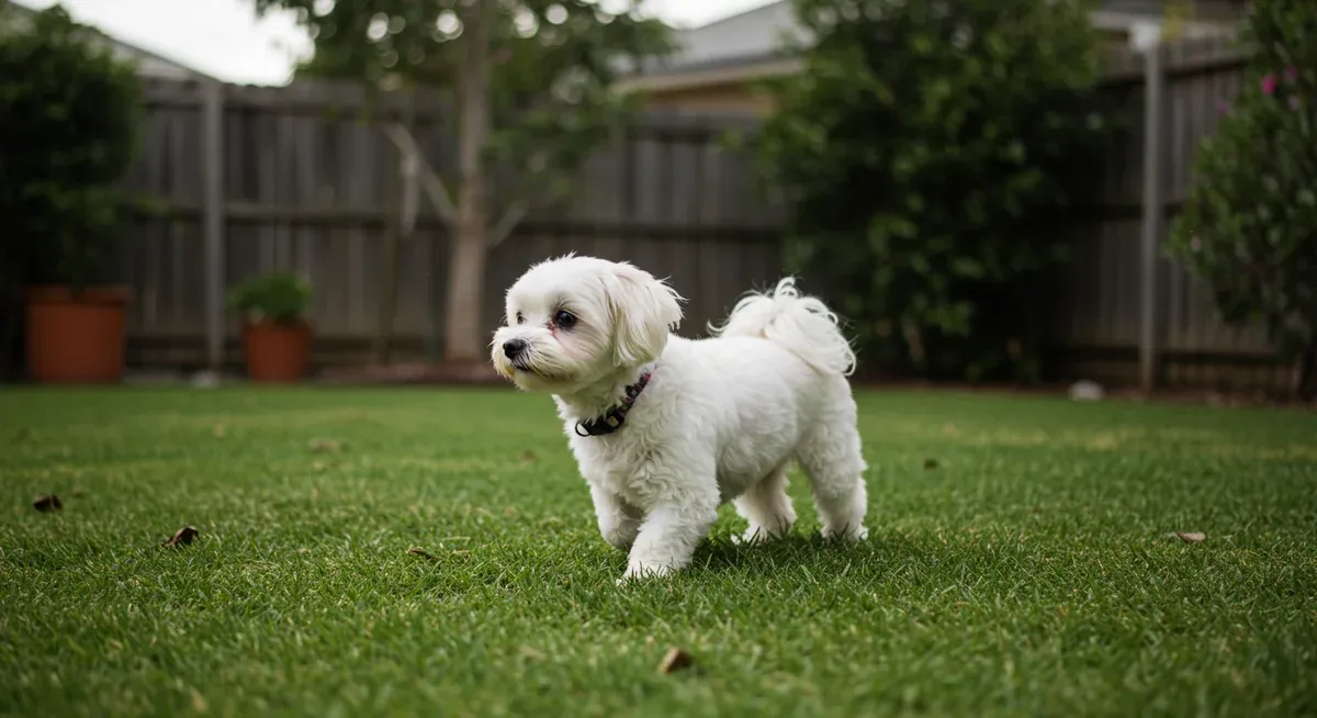 A Maltese dog walking on grass showing slight lameness in one back leg, demonstrating the joint problems that commonly affect small dog breeds