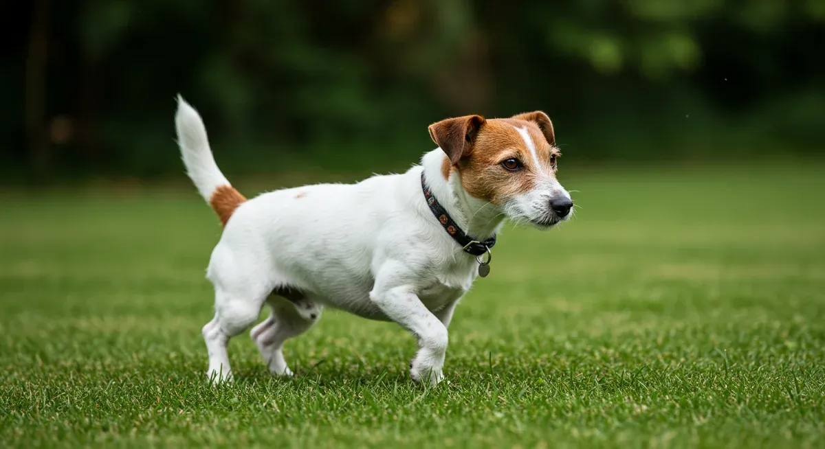 Jack Russell Terrier walking with visible limp, demonstrating joint problems and mobility issues common to the breed