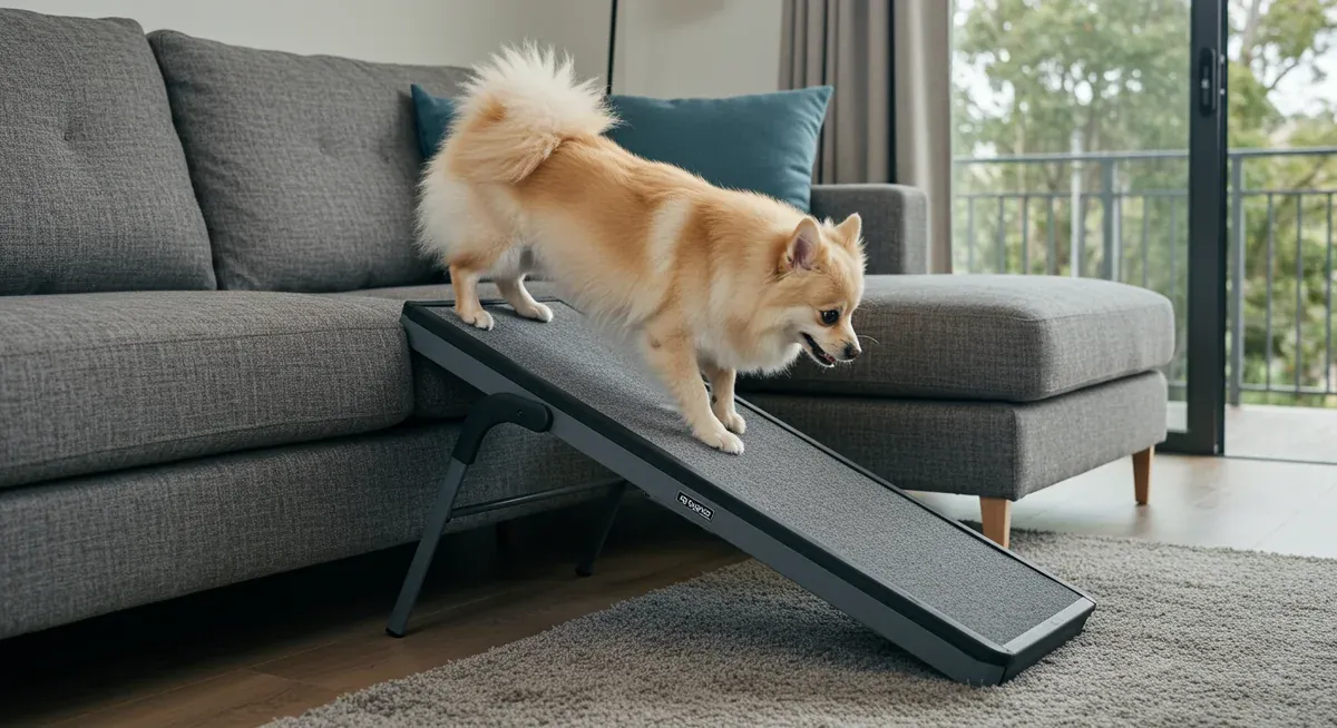 A Pomeranian using a ramp to safely access furniture, illustrating joint-protective measures to prevent luxating patella and other mobility issues common in the breed