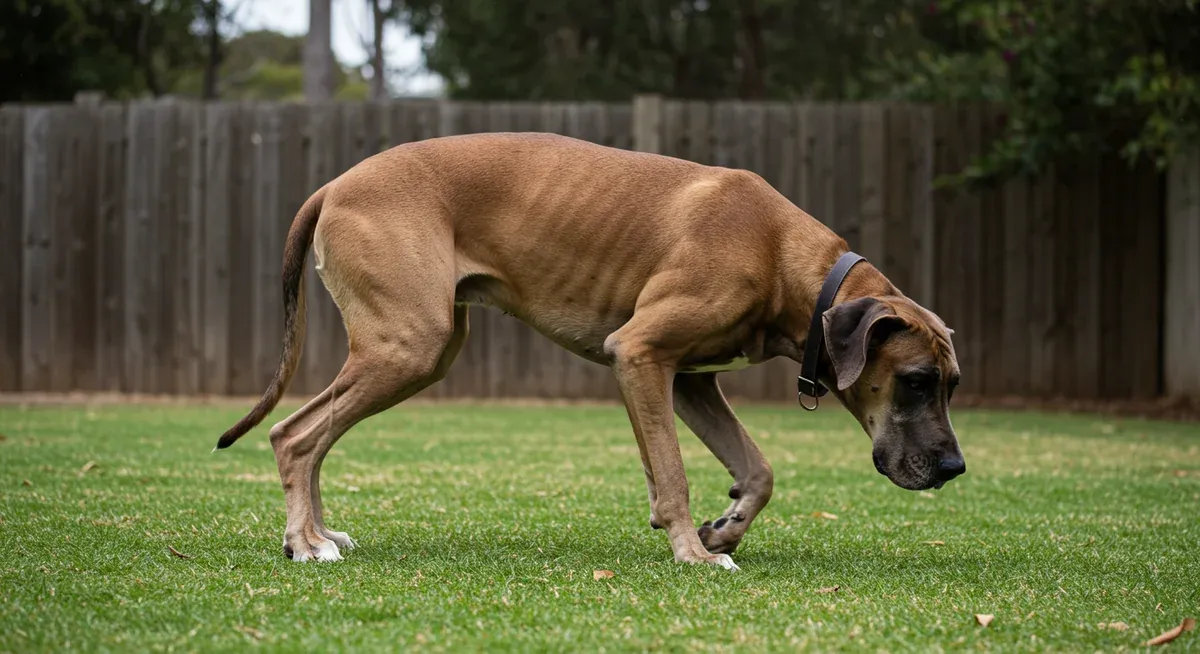 A Great Dane struggling to get up from lying down, demonstrating the mobility challenges associated with hip and elbow dysplasia that commonly affect this breed