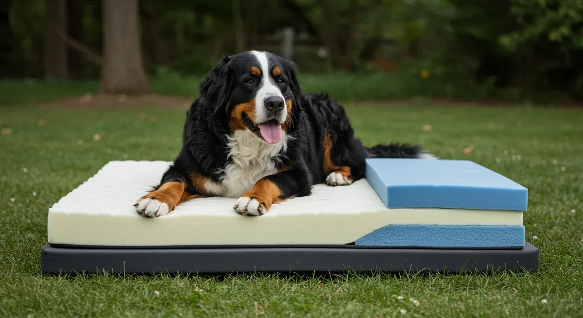A senior Bernese Mountain Dog resting on an orthopedic memory foam bed with visible foam layers, illustrating joint support benefits for the breed