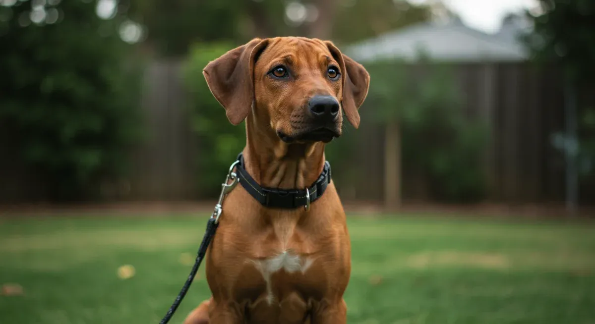 Rhodesian Ridgeback puppy wearing collar and leash in backyard during early leash training, showing the gradual introduction process in familiar surroundings
