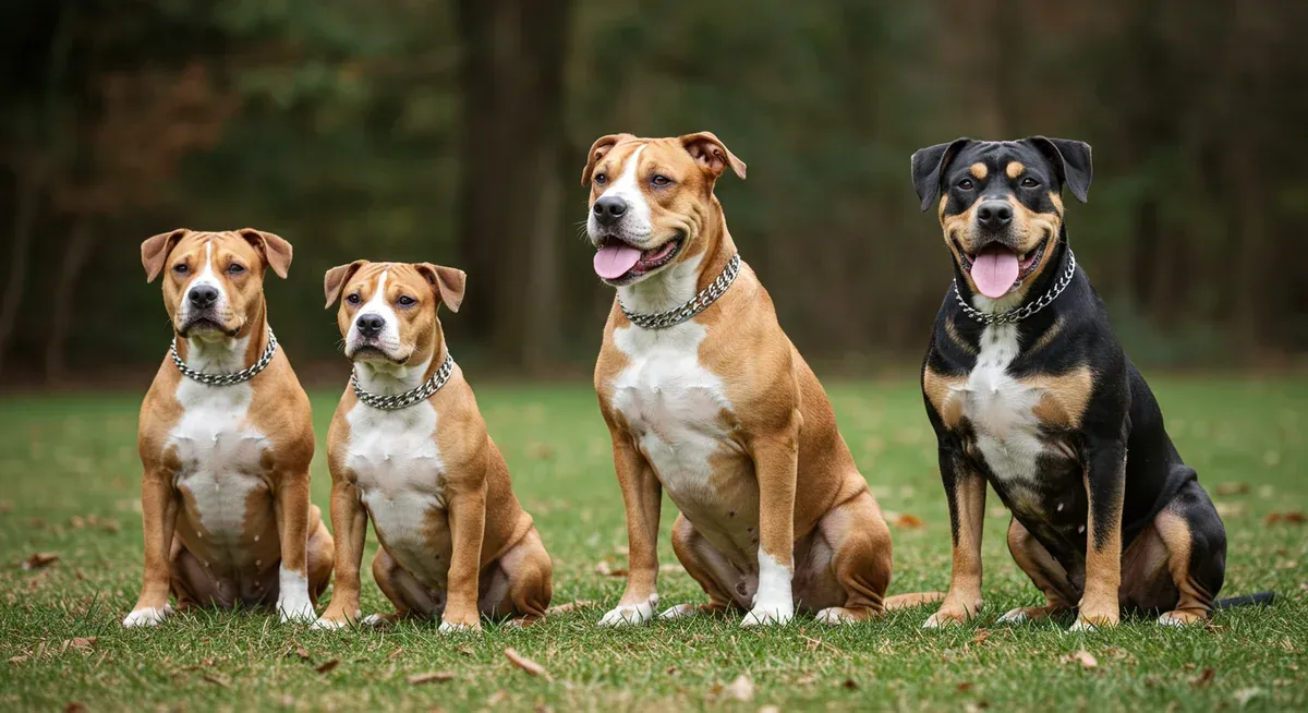 Three American Bulldogs representing puppy, adult, and senior life stages sitting together, showing how nutritional needs change as dogs age