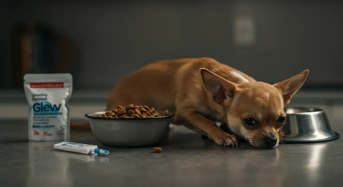 A tired-looking Chihuahua puppy next to feeding supplies and glucose gel, illustrating the serious condition of low blood sugar that can cause shaking in small breed dogs