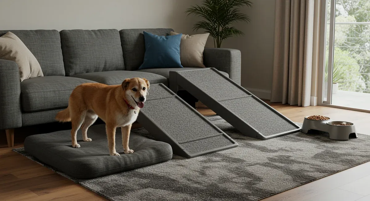 Home environment modified for senior dogs with arthritis, featuring orthopedic bedding, ramps, non-slip surfaces and accessible feeding areas