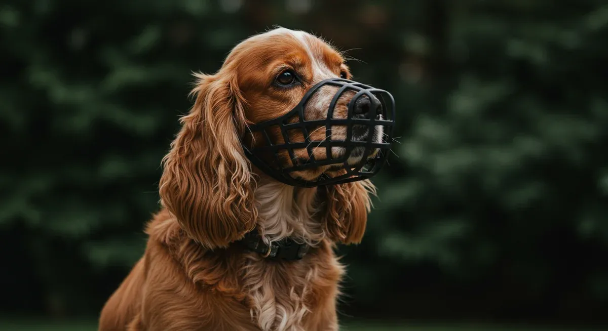English Cocker Spaniel wearing a basket muzzle comfortably, showing proper safety equipment for managing aggressive behavior during training