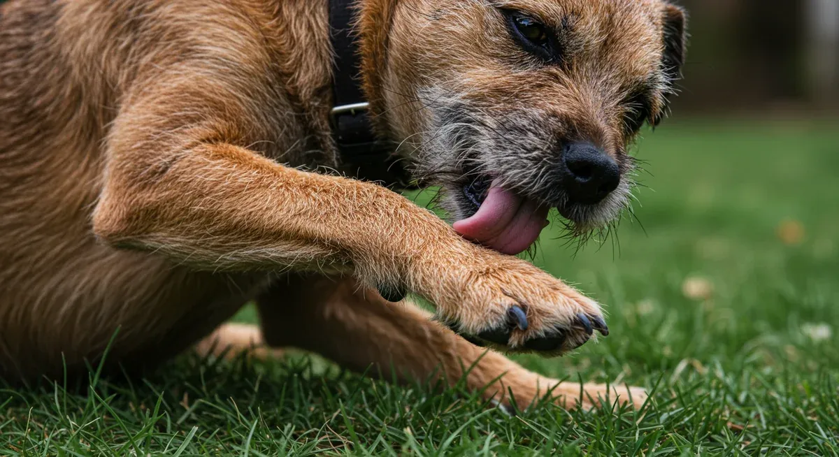 Close-up of Border Terrier paw showing scratching behavior and skin irritation, demonstrating common allergy symptoms in the breed