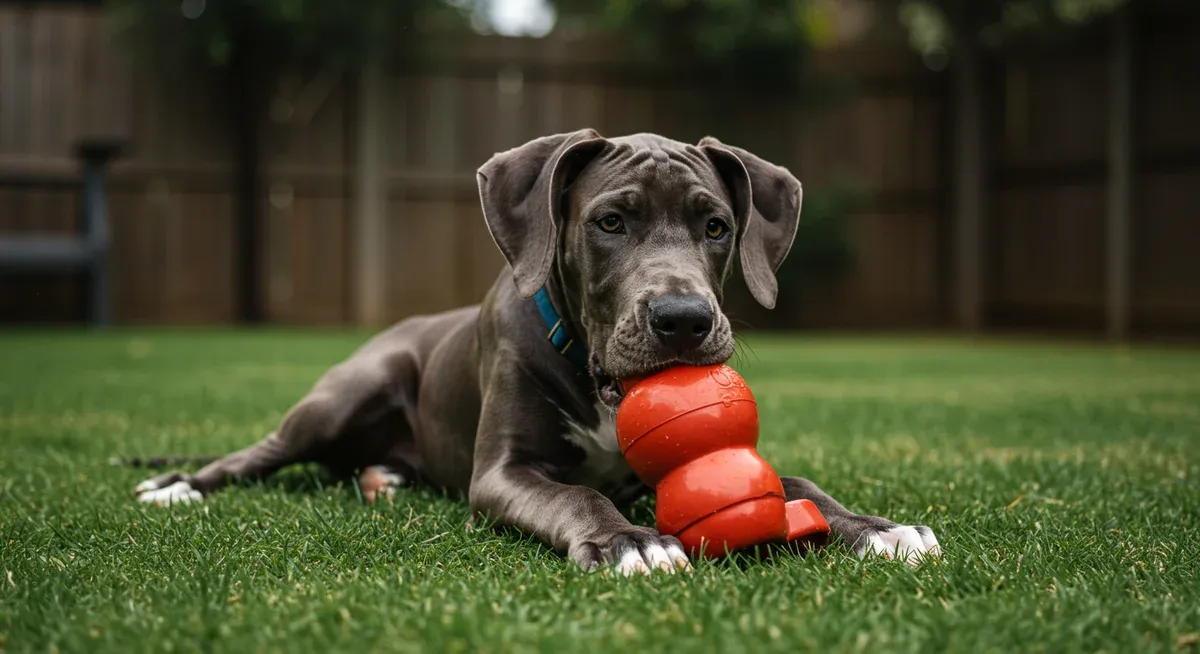 Great Dane puppy playing with appropriate chew toy, demonstrating healthy redirection of natural biting and mouthing behaviors during puppyhood