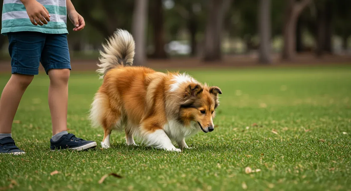 A Shetland Sheepdog in a low herding stance near a child's heels, demonstrating the breed's instinctual nipping and chasing behaviors that stem from their working heritage