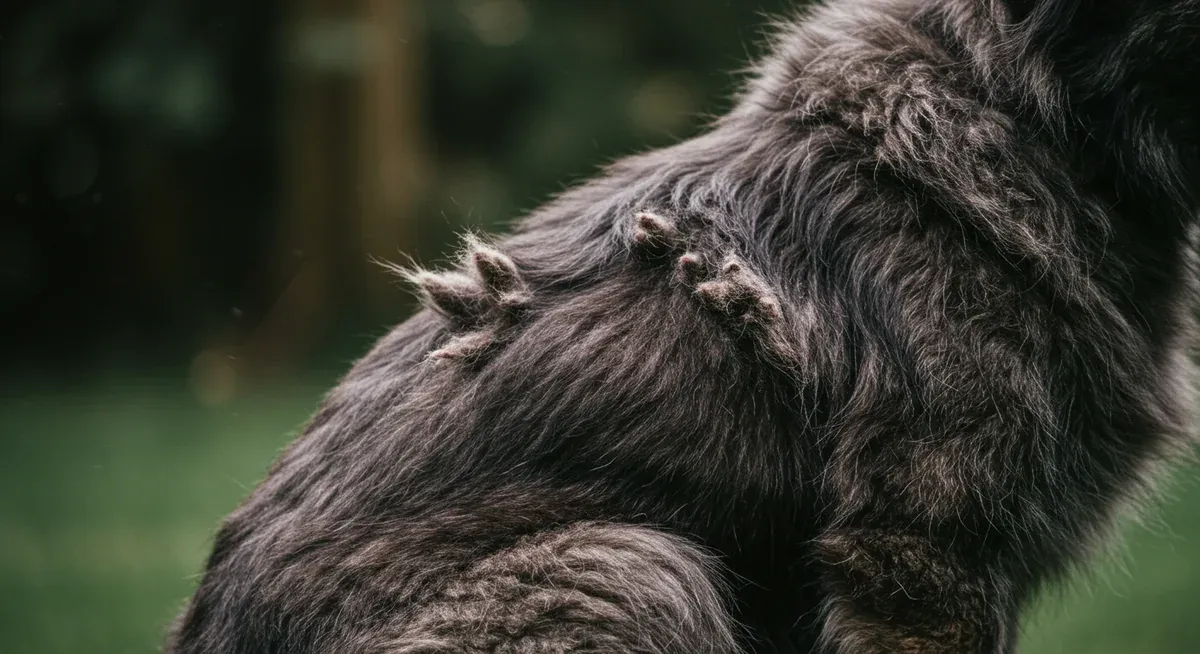 Close-up view of common problem areas on a Bouvier des Flandres showing where mats typically form, including behind ears and under legs