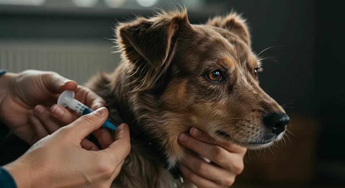 Australian Terrier receiving insulin injection for diabetes management at home