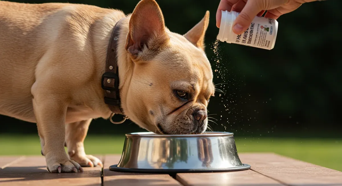 French Bulldog eating food with probiotic powder being added, demonstrating how probiotics help manage the breed's common digestive sensitivities and gas issues