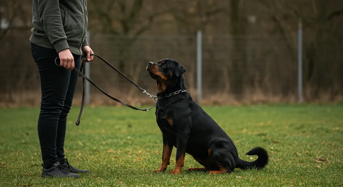 Adult Rottweiler in training session demonstrating proper leadership techniques, with the dog responding calmly to owner's commands showing effective management of assertive behaviors