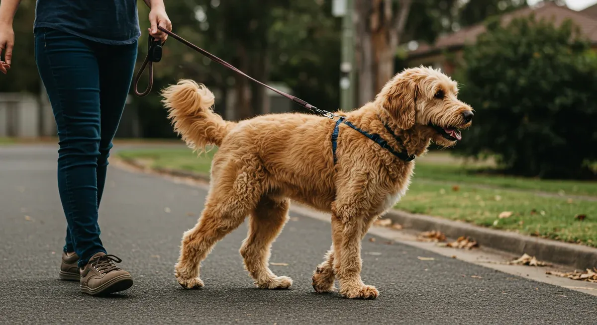A Goldendoodle walking calmly on a leash next to their owner, showing good leash manners and proper exercise behavior