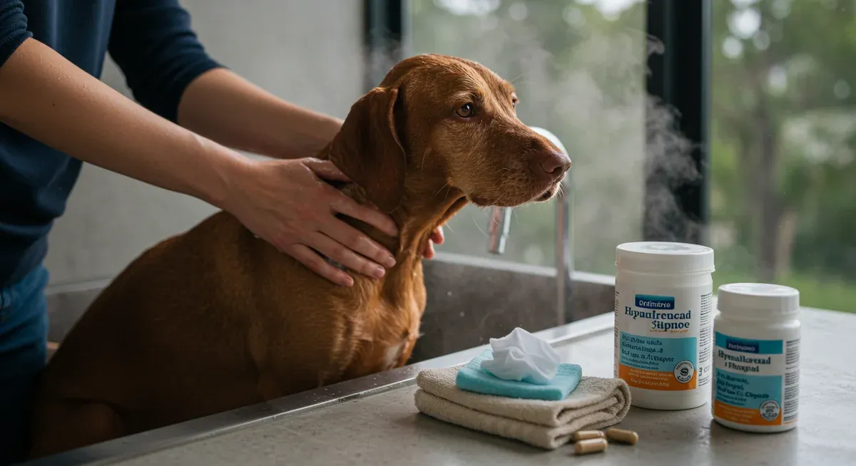 A Vizsla being bathed with oatmeal-based shampoo in a home bathroom setting, with allergy management products visible nearby, demonstrating proper environmental allergen management techniques