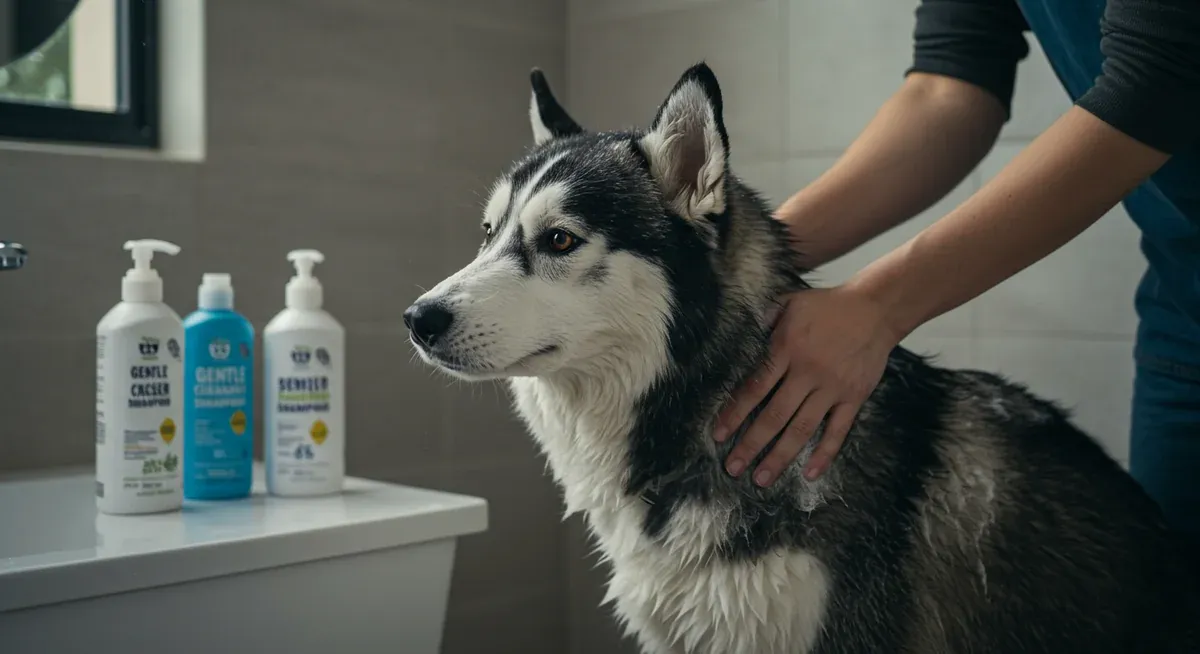 Siberian Husky receiving a therapeutic bath with hypoallergenic shampoo as part of environmental allergy management routine