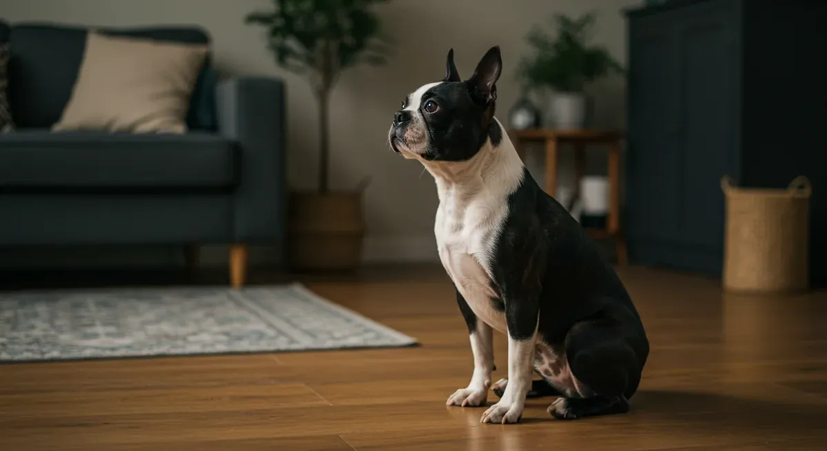 Boston Terrier maintaining calm focus during training session in home environment with potential distractions in background