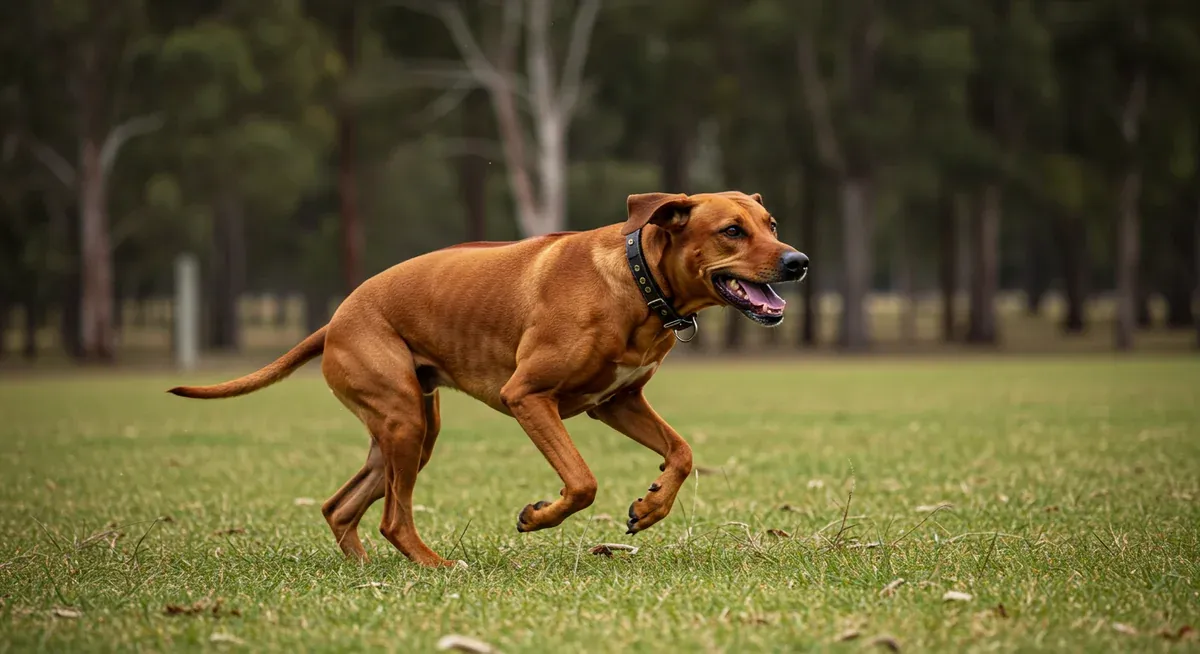 An adult Rhodesian Ridgeback running with athletic grace across open terrain, illustrating the vigorous daily exercise needs of mature dogs after their growth plates have closed