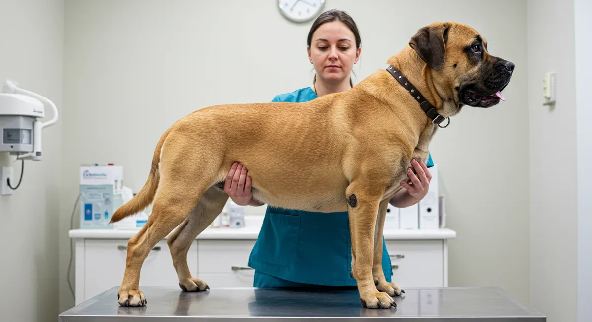 Veterinarian examining a Mastiff's body condition by feeling for ribs, demonstrating proper weight management techniques for giant breed dogs