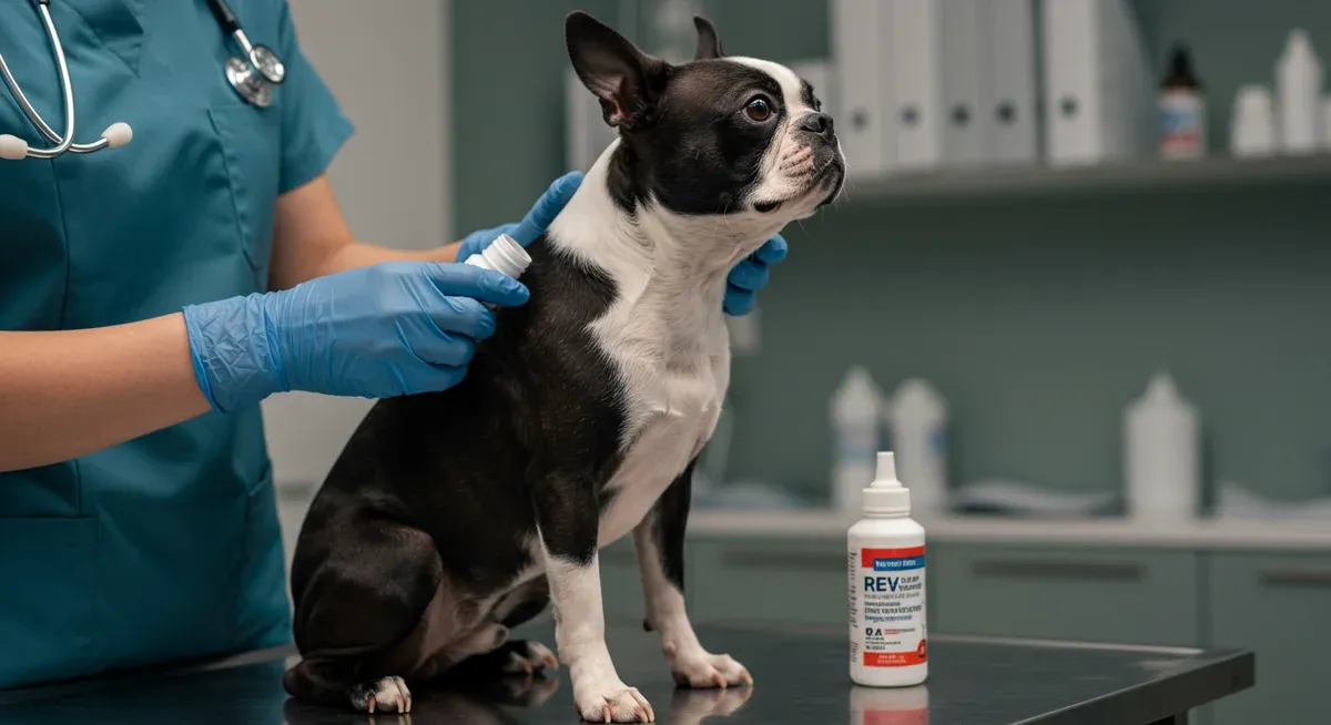 A Boston Terrier receiving flea prevention treatment from a veterinarian, showing proper application of topical flea preventative