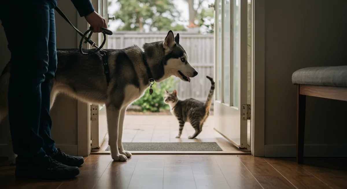 A supervised introduction between a leashed Siberian Husky and a cat, demonstrating proper technique for safely managing initial interactions between the two species