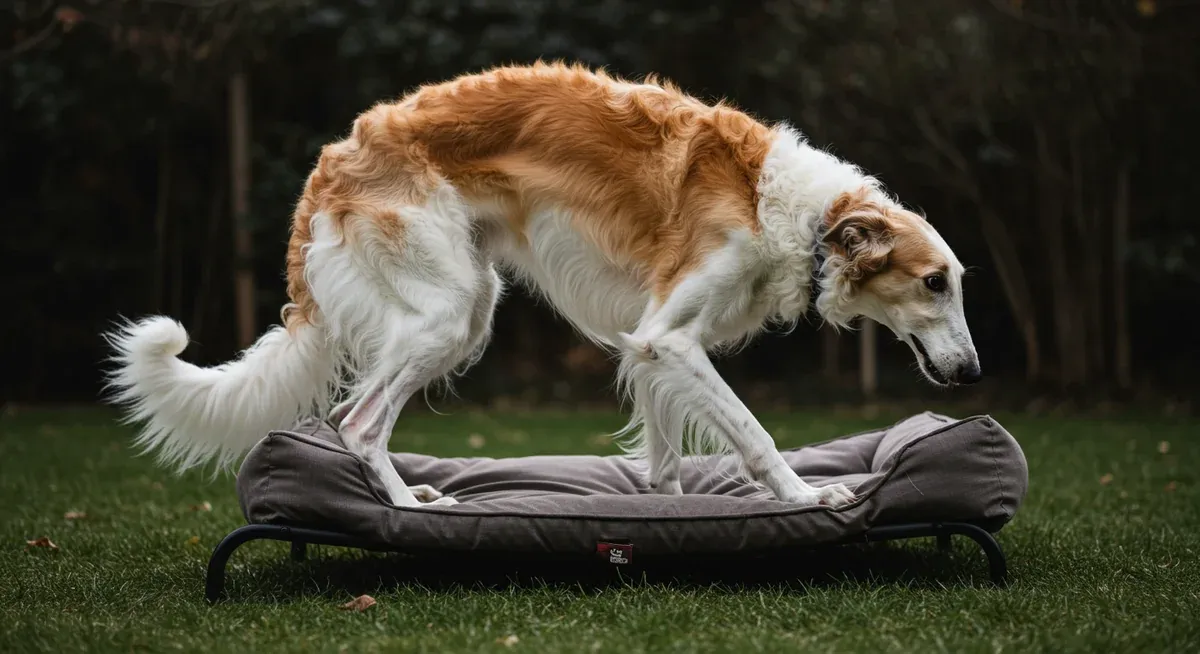 Senior Borzoi dog slowly getting up from rest, illustrating the mobility challenges associated with hip and elbow dysplasia in the breed