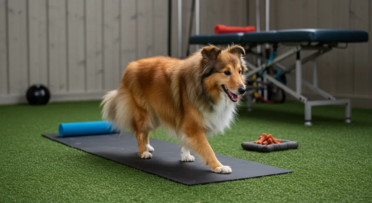 A Shetland Sheepdog undergoing joint health assessment and physiotherapy to maintain mobility and prevent arthritis