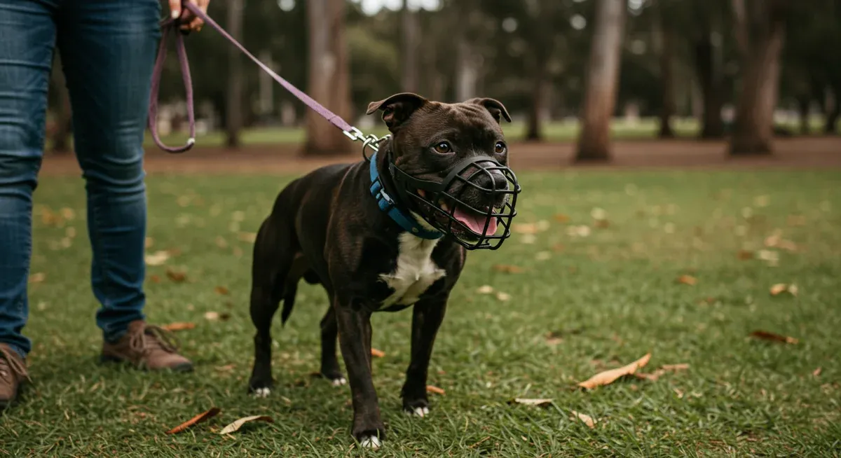 A Staffordshire Bull Terrier wearing a basket muzzle during a training walk in an Australian park, showing safe management of leash reactivity
