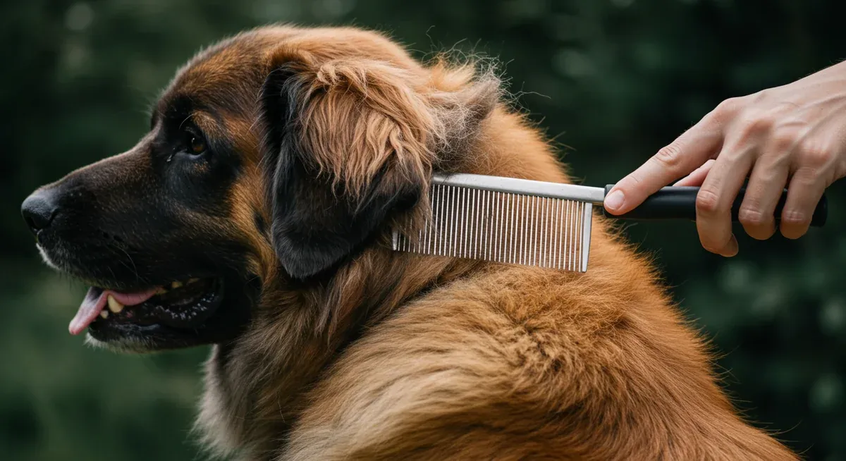Close-up view of a mat in a Leonberger's coat being carefully detangled with a comb, showing proper mat removal technique in a problem area