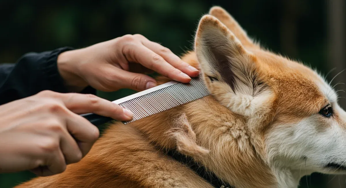 Detailed view of careful mat removal technique being performed on an Akita's coat behind the ear area, showing proper use of a wide-tooth comb for detangling