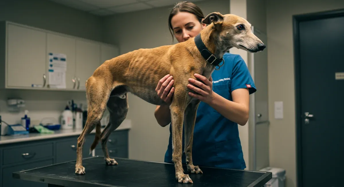 A veterinarian examining a Greyhound's leg joints to check for arthritis and musculoskeletal issues common in the breed, particularly in retired racing dogs