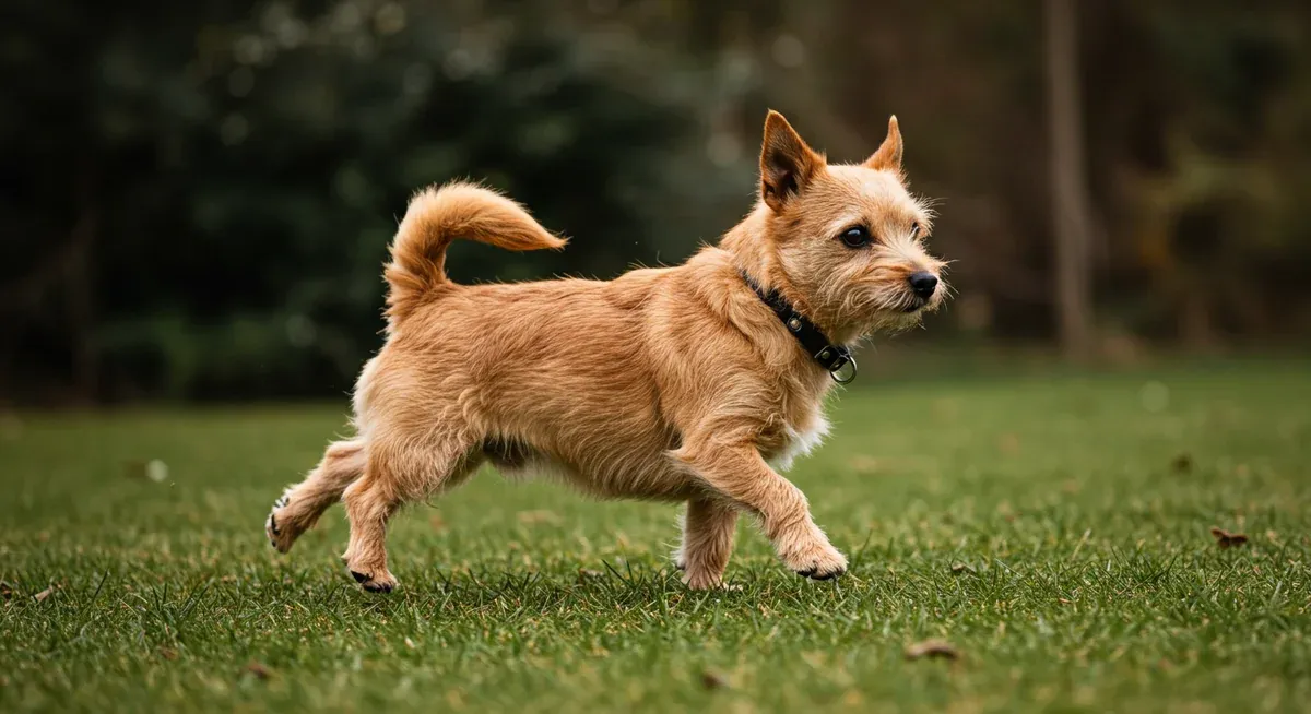 Norfolk Terrier walking with one hind leg slightly raised, demonstrating the skipping gait characteristic of patellar luxation, a common orthopedic condition in the breed