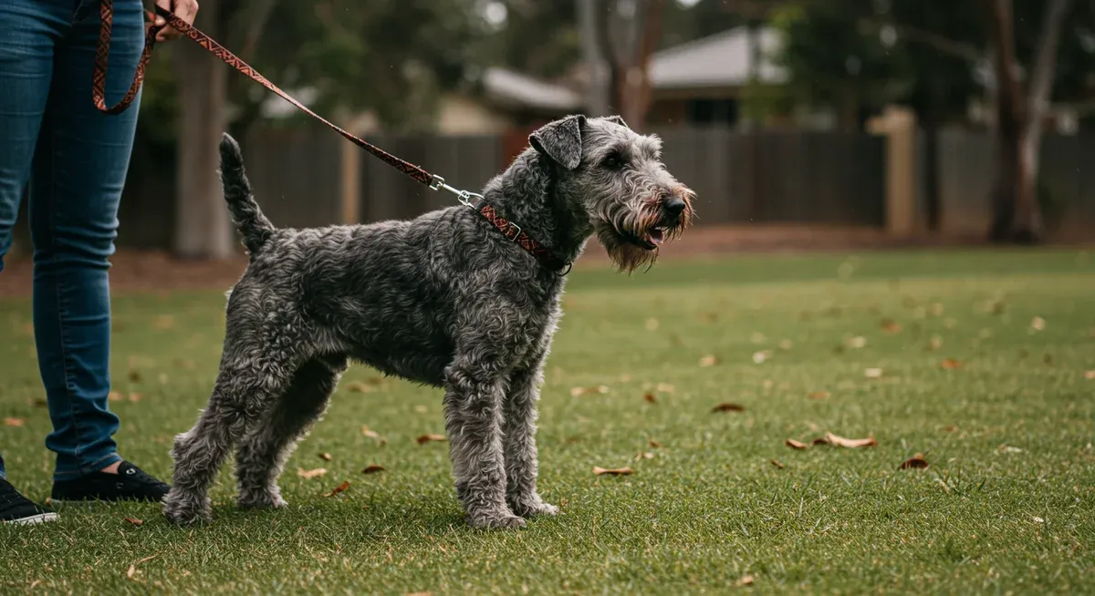 Kerry Blue Terrier on leash showing focused, alert posture while spotting potential prey, highlighting the breed's strong hunting instincts and need for leash control
