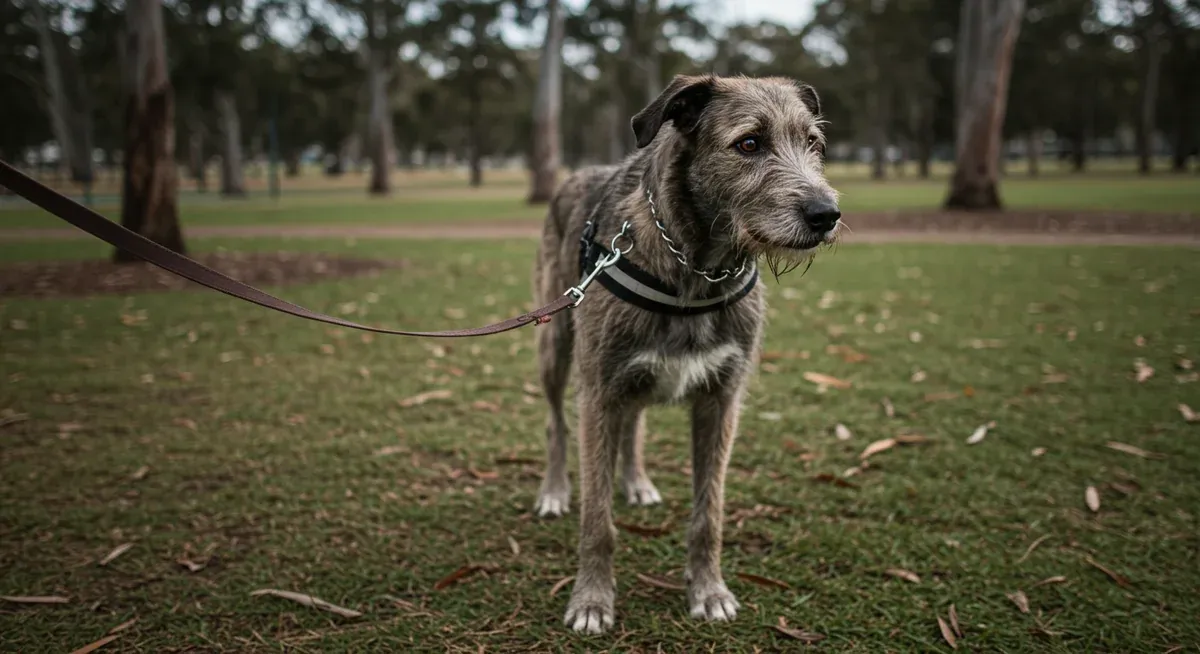 Irish Wolfhound on leash showing alert, focused behavior that demonstrates their natural prey drive requiring careful management